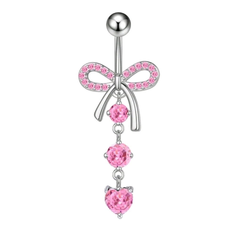 Pink Rhinestone Bow With Dangling Rounds & Heart Bellybutton Ring Jewelry (OS) - Picture 5 of 8